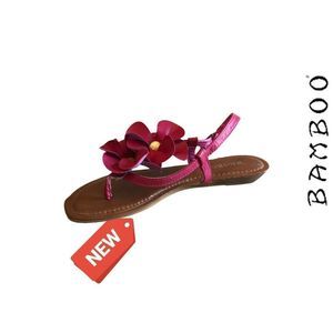 Bamboo Leather Flower‎ Embellished Sandals, Fuchsia/Adjustable Buckle NWO…